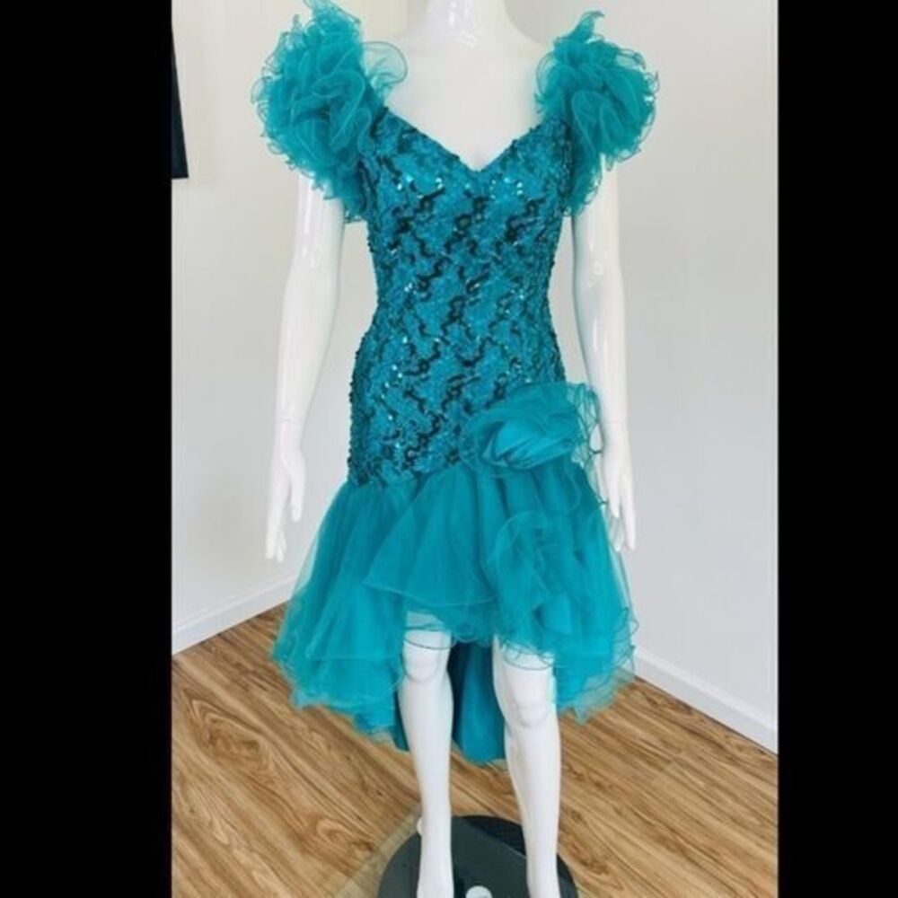 Vintage 80's FLIRTATIONS Gown Alfred Angelo Teal Prom Party Hi Low Dress